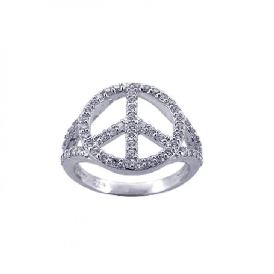 925 Silver Rhodium Plated CZ Peace Sign Ring