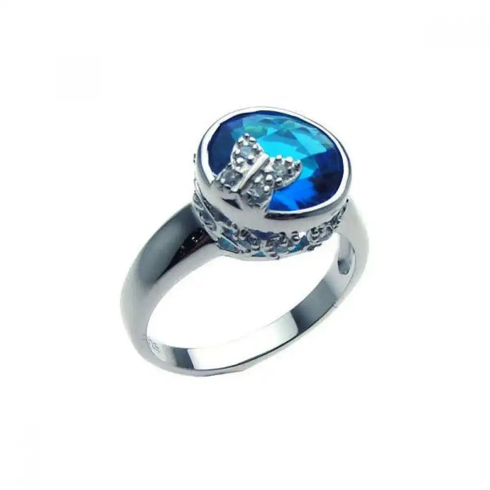 925 Sterling Silver Rhodium Plated Blue Center CZ Butterfly Ring