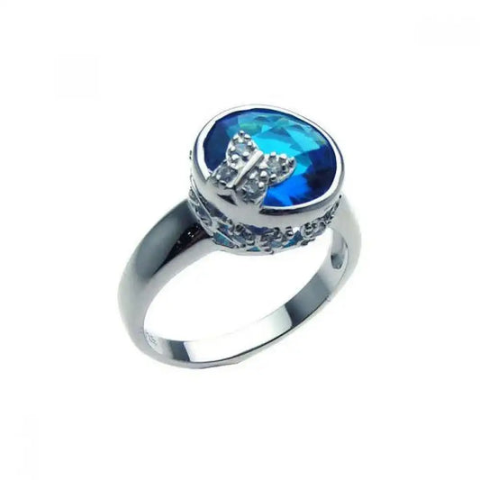 925 Sterling Silver Rhodium Plated Blue Center CZ Butterfly Ring