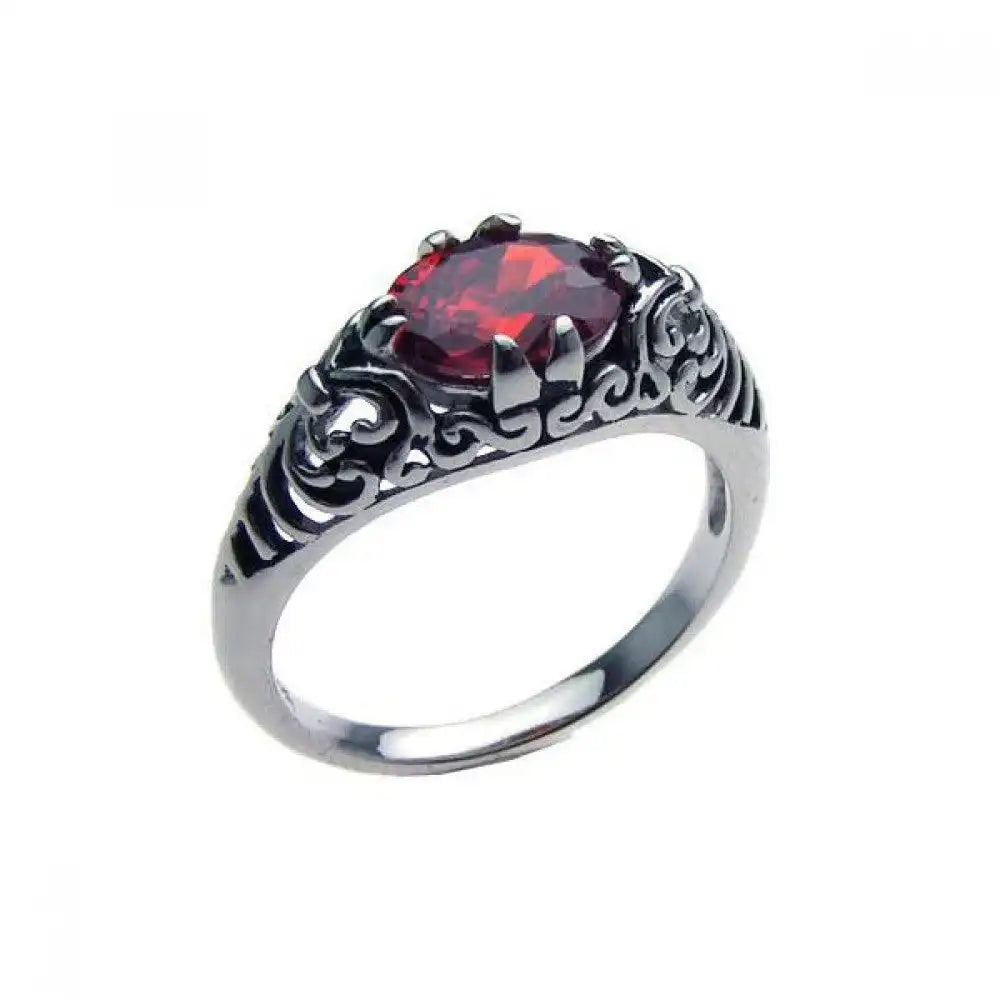 925 Sterling Silver Oxidized Rhodium Plated Red CZ Antique Ring