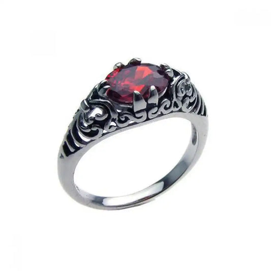 925 Sterling Silver Oxidized Rhodium Plated Red CZ Antique Ring