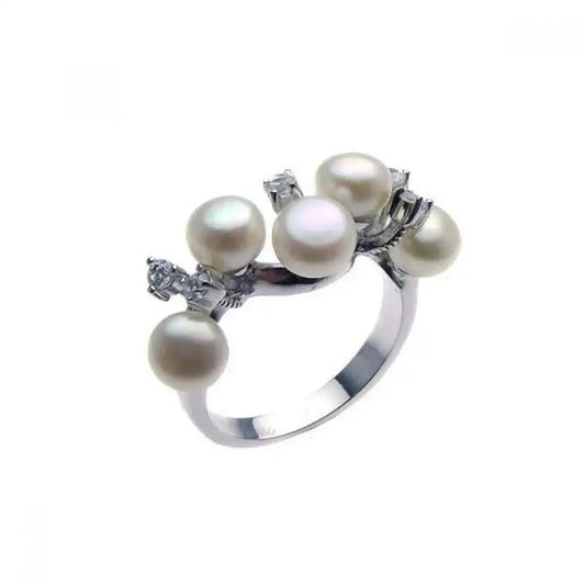 925 Sterling Silver Clearance Rhodium Plated CZ Multiple Fresh Water Pearl Ring