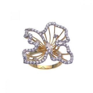 925 Silver Clearance-Gold Plated CZ Open Flower Ring