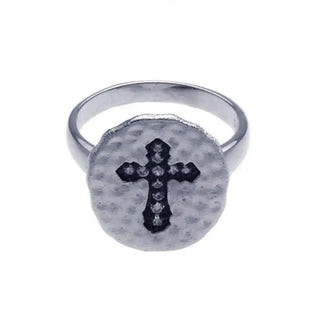 925 Sterling Silver Clearance Rhodium and Black Rhodium Plated CZ Cross Hammered Ring