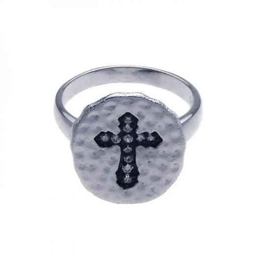925 Sterling Silver Clearance Rhodium and Black Rhodium Plated CZ Cross Hammered Ring