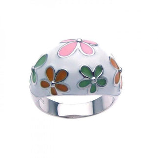 925 Silver Clearance-Rhodium Plated Multi Colored Enamel Flower Dome Ring