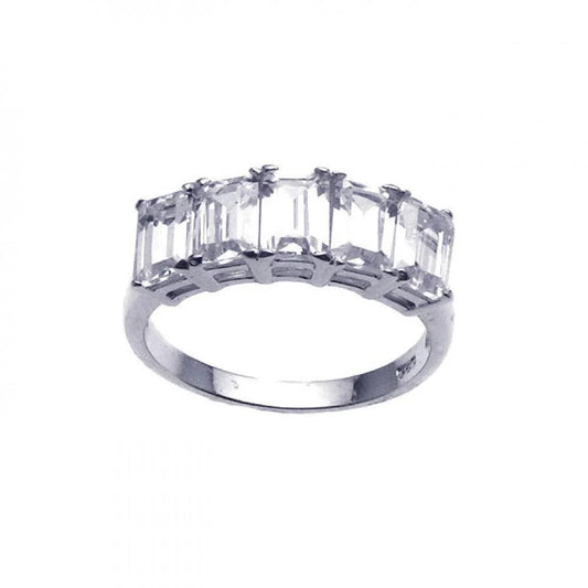 925 Silver Clearance-Rhodium Plated Clear Baguette 5 Stone Set CZ Ring