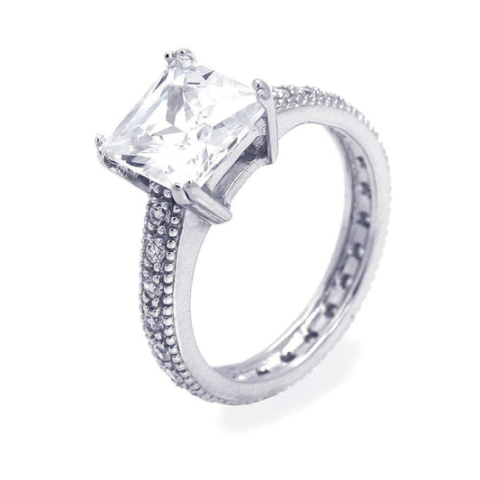 925 Silver Rhodium Plated Princess Cut Center CZ Ring