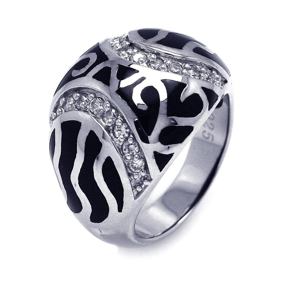 925 Silver Clearance-Rhodium Plated Black Enamel CZ Swirl Dome Ring
