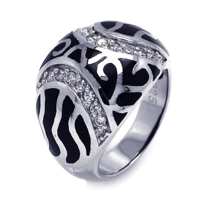925 Silver Clearance-Rhodium Plated Black Enamel CZ Swirl Dome Ring