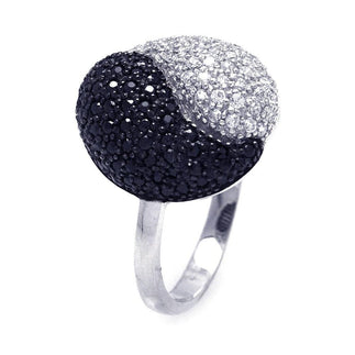 925 Silver Clearance-Rhodium and Black Rhodium Plated Black and Clear CZ Yin Yang Ring