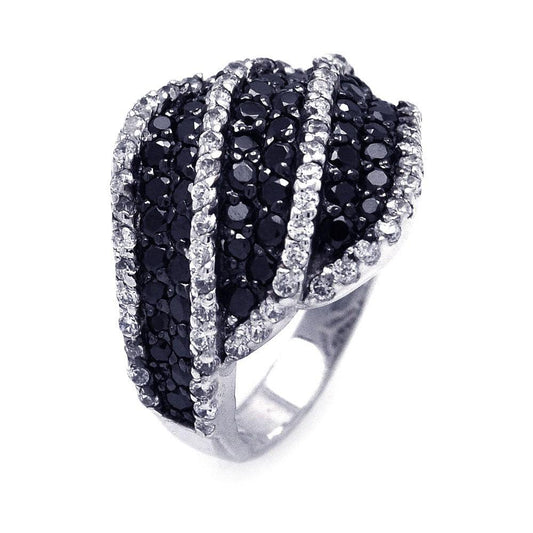 925 Silver Clearance - Rhodium and Black Rhodium Plated Pave Set Black and Clear CZ Stripe Ring