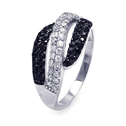 925 Sterling Silver Clearance Rhodium and Black Rhodium Plated Black and Clear CZ Wave Ring