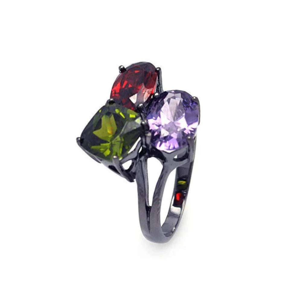 925 Silver Clearance-Dark Rhodium Plated Green Red Purple CZ Ring
