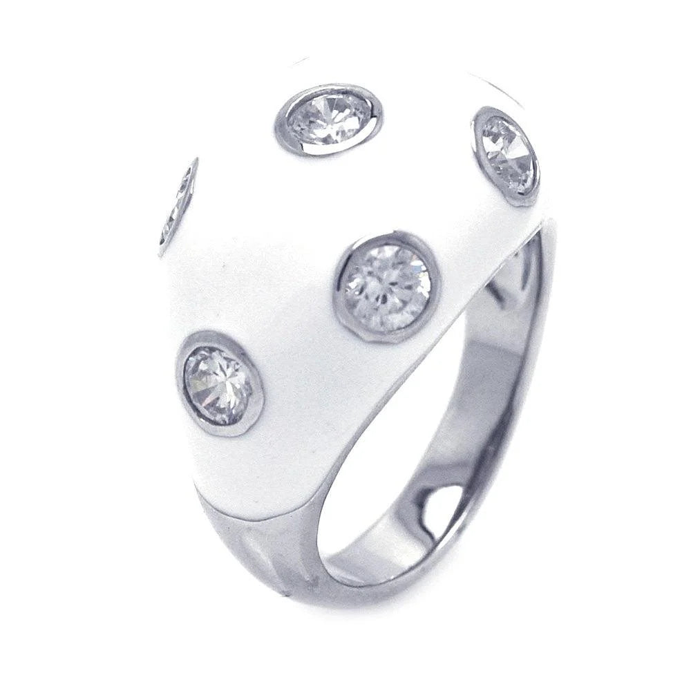 925 Silver Clearance-Rhodium Plated White Enamel CZ Dot Dome Ring