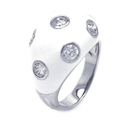 925 Silver Clearance-Rhodium Plated White Enamel CZ Dot Dome Ring