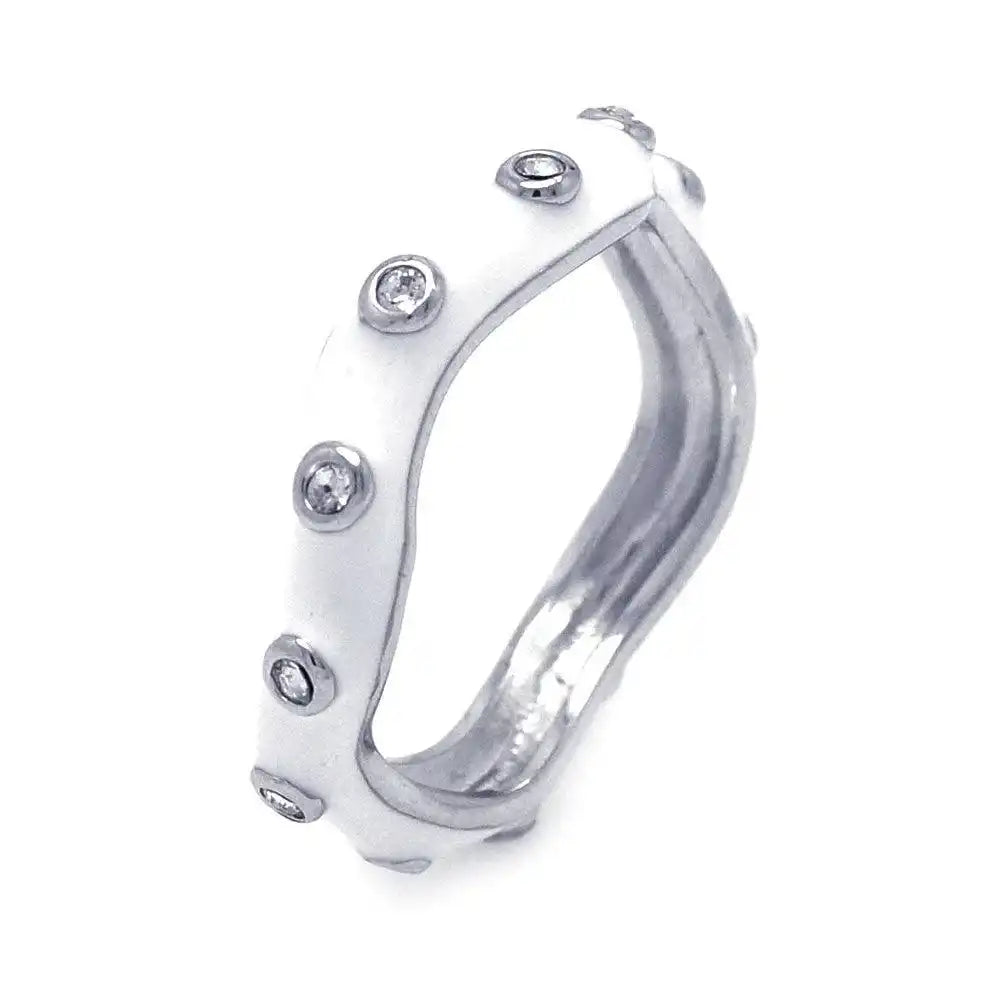 925 Sterling Silver Clearance Rhodium Plated White Enamel CZ Wavy Ring
