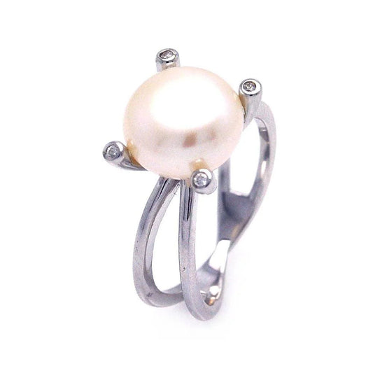 925 Silver Rhodium Plated Pearl Center CZ Ring