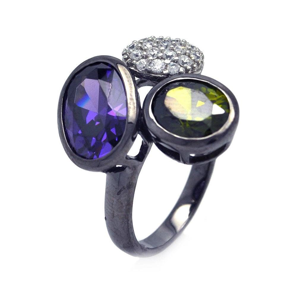 925 Silver Clearance-Dark Rhodium Plated Purple Green Pave Set Clear CZ Ring