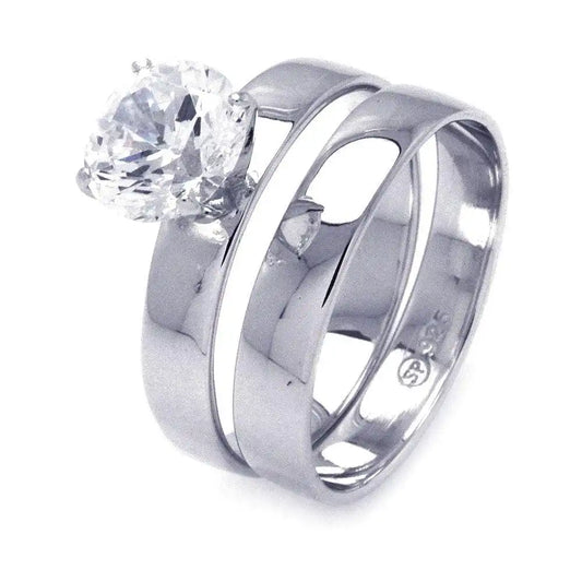 925 Sterling Silver Rhodium Plated Solitaire CZ Matching Ring Pair Set
