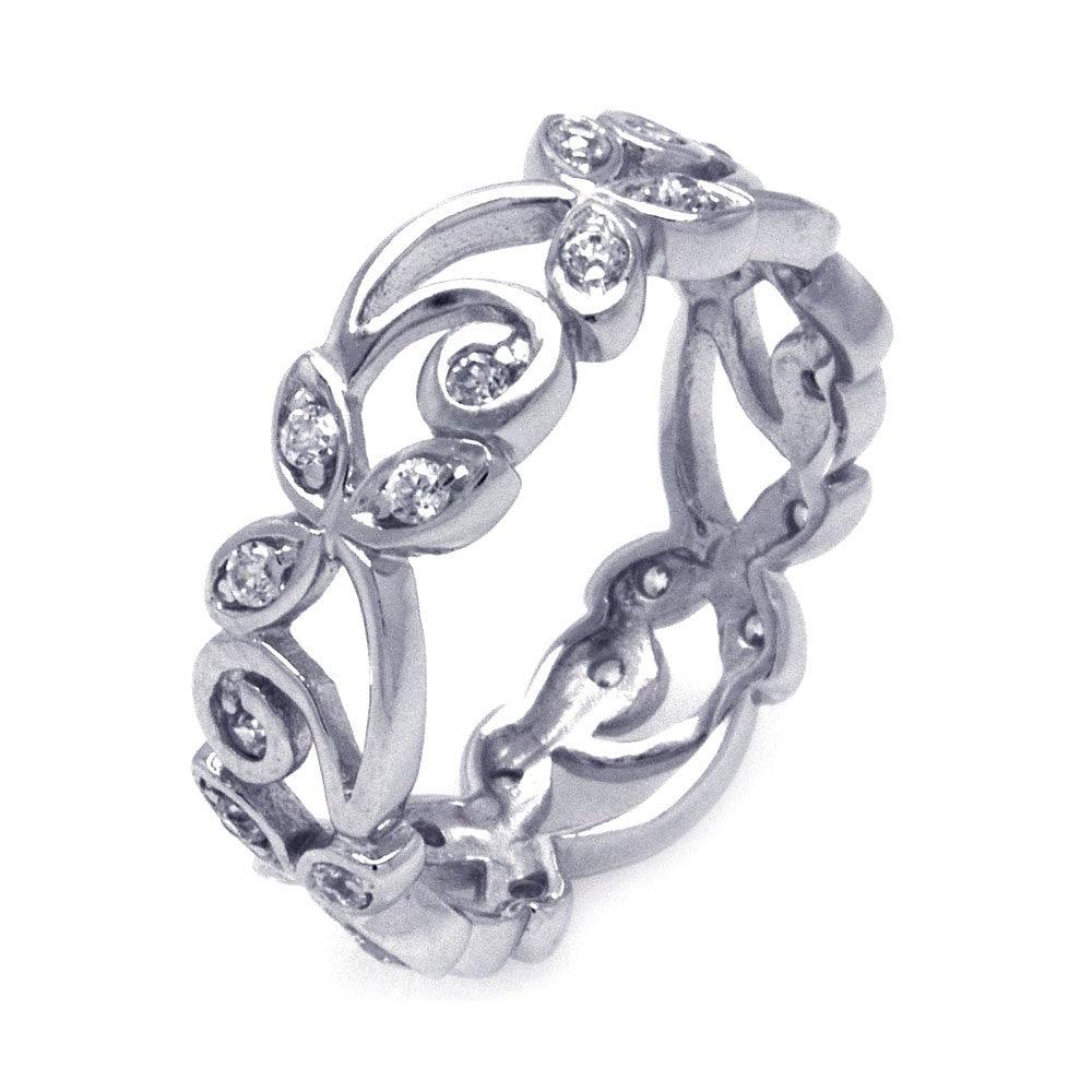 925 Silver Rhodium Plated CZ Flower Eternity Ring