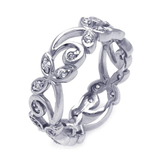 925 Silver Rhodium Plated CZ Flower Eternity Ring