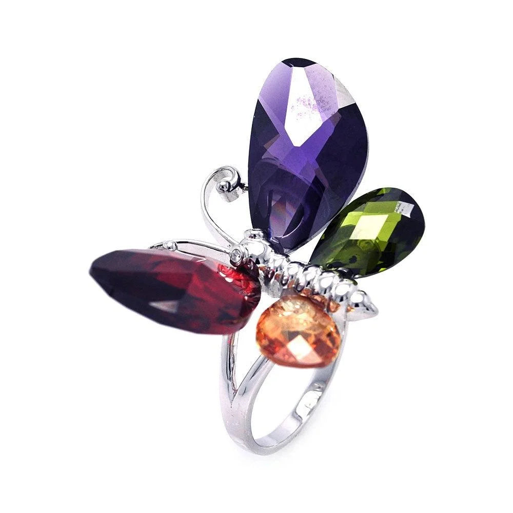 925 Silver Clearance-Rhodium Plated Multi Colored CZ Butterfly Ring