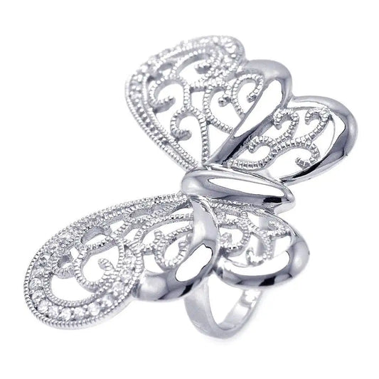 925 Sterling Silver Clearance Rhodium Plated CZ Large Butterfly Ring