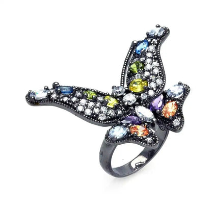 925 Sterling Silver Clearance Black Rhodium Plated Multi Colored CZ Butterfly Ring