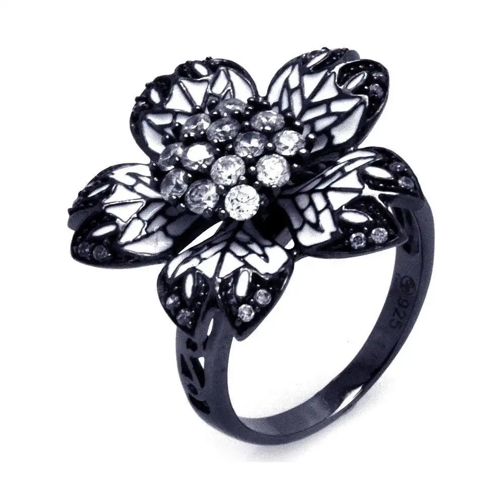 925 Sterling Silver Clearance Black Rhodium Plated White Enamel Pave Set Clear CZ Flower Ring