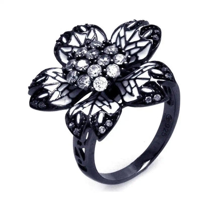 925 Sterling Silver Clearance Black Rhodium Plated White Enamel Pave Set Clear CZ Flower Ring