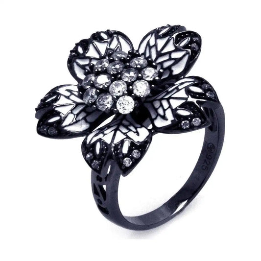 925 Sterling Silver Clearance Black Rhodium Plated White Enamel Pave Set Clear CZ Flower Ring