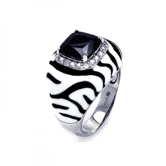 925 Silver Clearance-Rhodium Plated Black White Enamel Black Center White Cluster CZ Zebra Stripe Ring