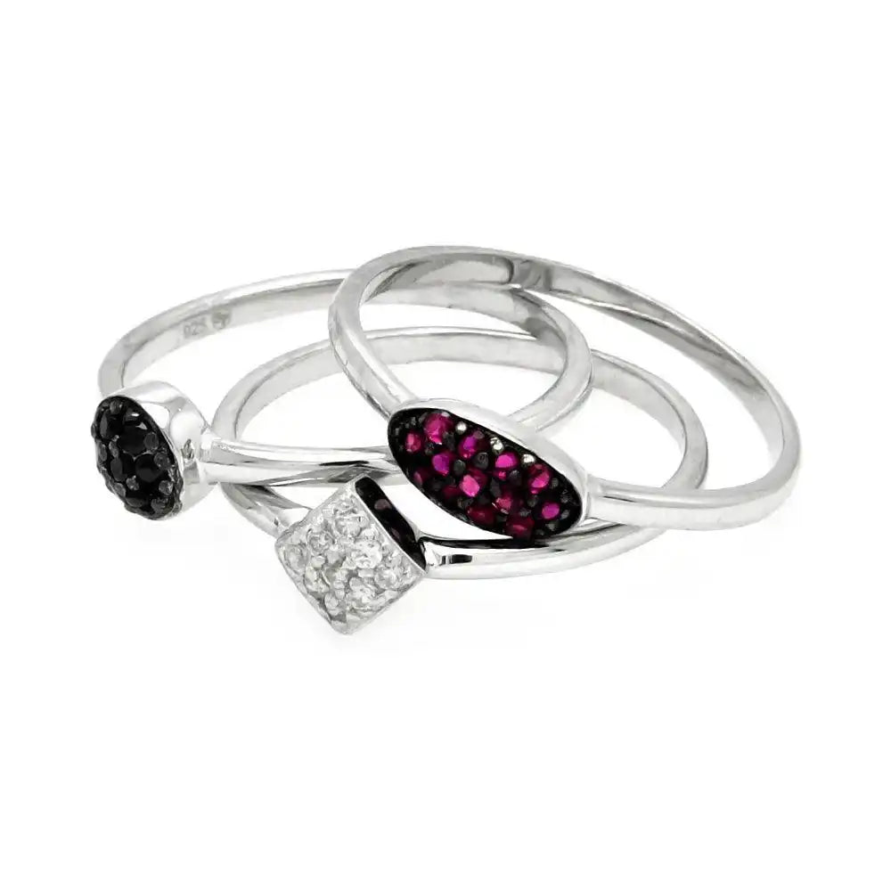 925 Sterling Silver Rhodium and Black Rhodium Plated Clear Black Purple Pave Set CZ Ring Set