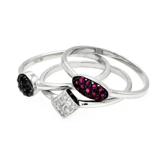925 Sterling Silver Rhodium and Black Rhodium Plated Clear Black Purple Pave Set CZ Ring Set
