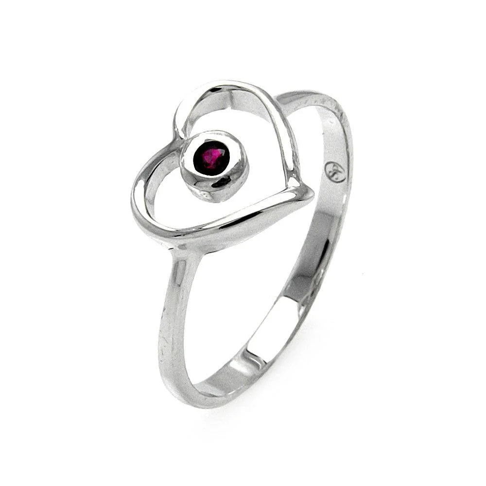 925 Silver Rhodium Plated Small Red CZ Open Heart Ring