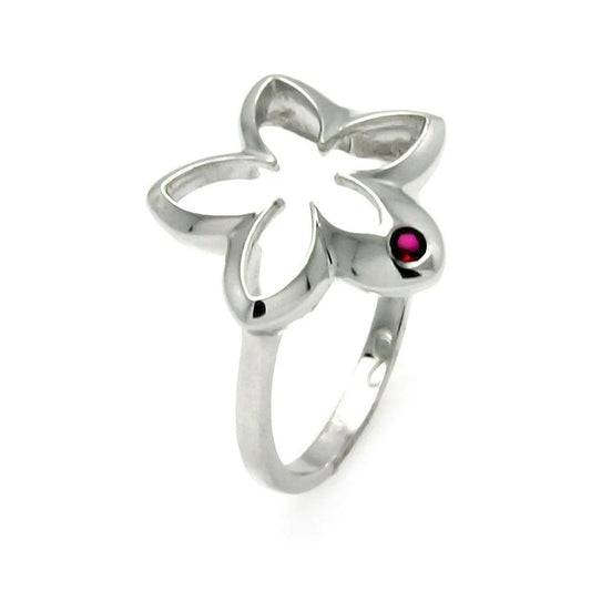 925 Silver Clearance-Rhodium Plated Small Red CZ Open Flower Ring
