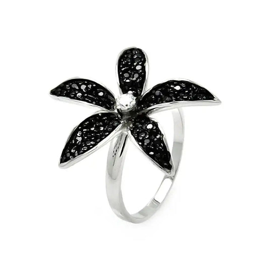 925 Sterling Silver Clearance Black and Silver Rhodium Plated Small Round CZ Flower Ring