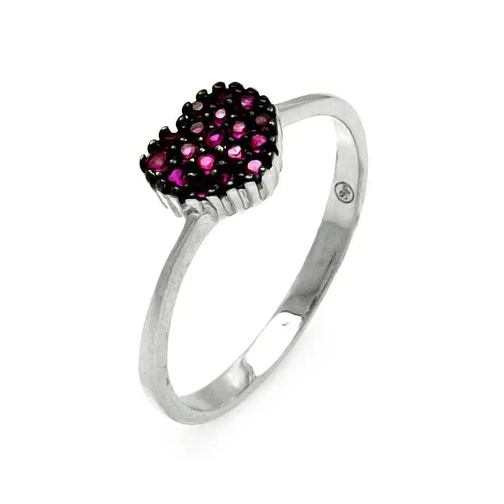 925 Sterling Silver Rhodium Plated Red Round CZ Heart Ring
