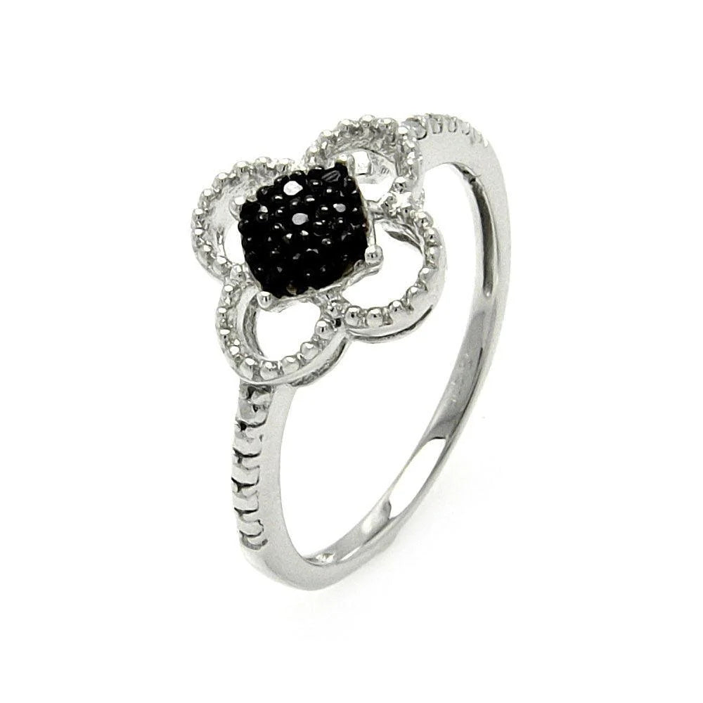925 Silver Black and Silver Rhodium Plated Black and Clear CZ Flower Ring
