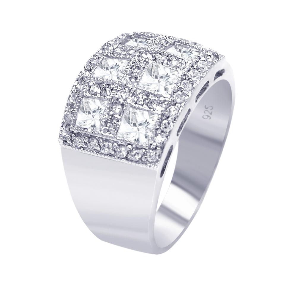 925 Silver Rhodium Plated Clear Square Pave CZ Cigar Band Bling Ring