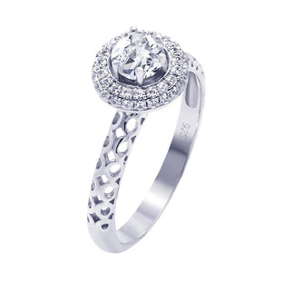 925 Silver Rhodium Plated Micro Pave Clear Cluster Round Center CZ Perforated Ring