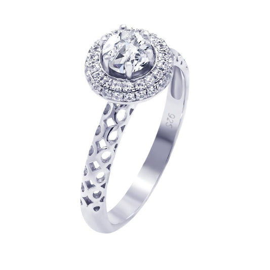 925 Silver Rhodium Plated Micro Pave Clear Cluster Round Center CZ Perforated Ring