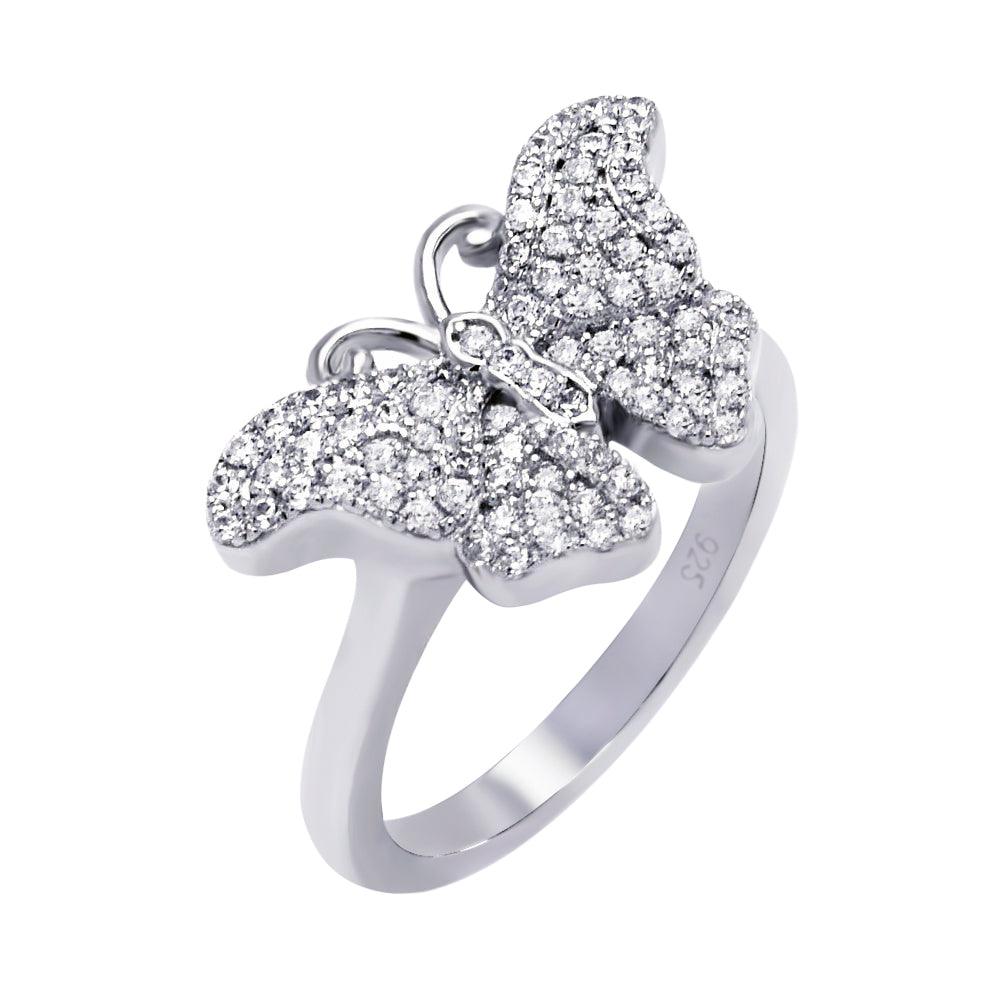 925 Silver Rhodium Plated Micro Pave CZ Butterfly Ring