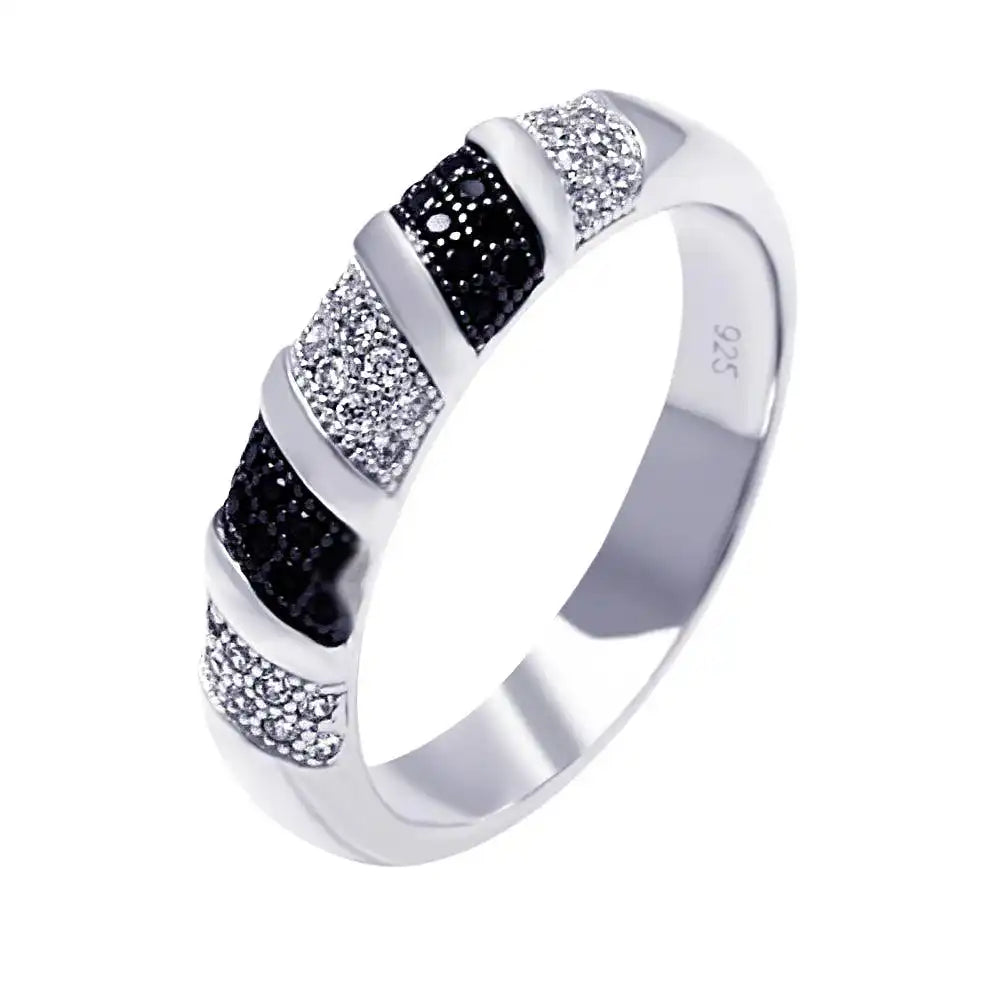 925 Sterling Silver Rhodium and Black Rhodium Plated Black and Clear Micro Pave CZ Stripe Ring