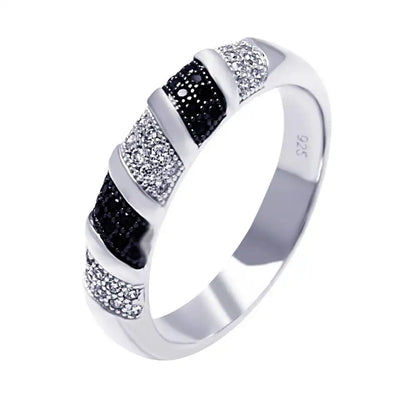 925 Sterling Silver Rhodium and Black Rhodium Plated Black and Clear Micro Pave CZ Stripe Ring