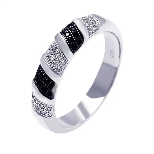 925 Sterling Silver Rhodium and Black Rhodium Plated Black and Clear Micro Pave CZ Stripe Ring