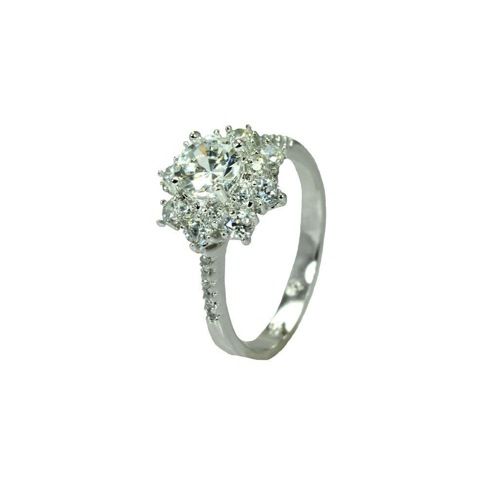 925 Silver Rhodium Plated Clear Round Center Micro Pave Set CZ Flower Bridal Ring
