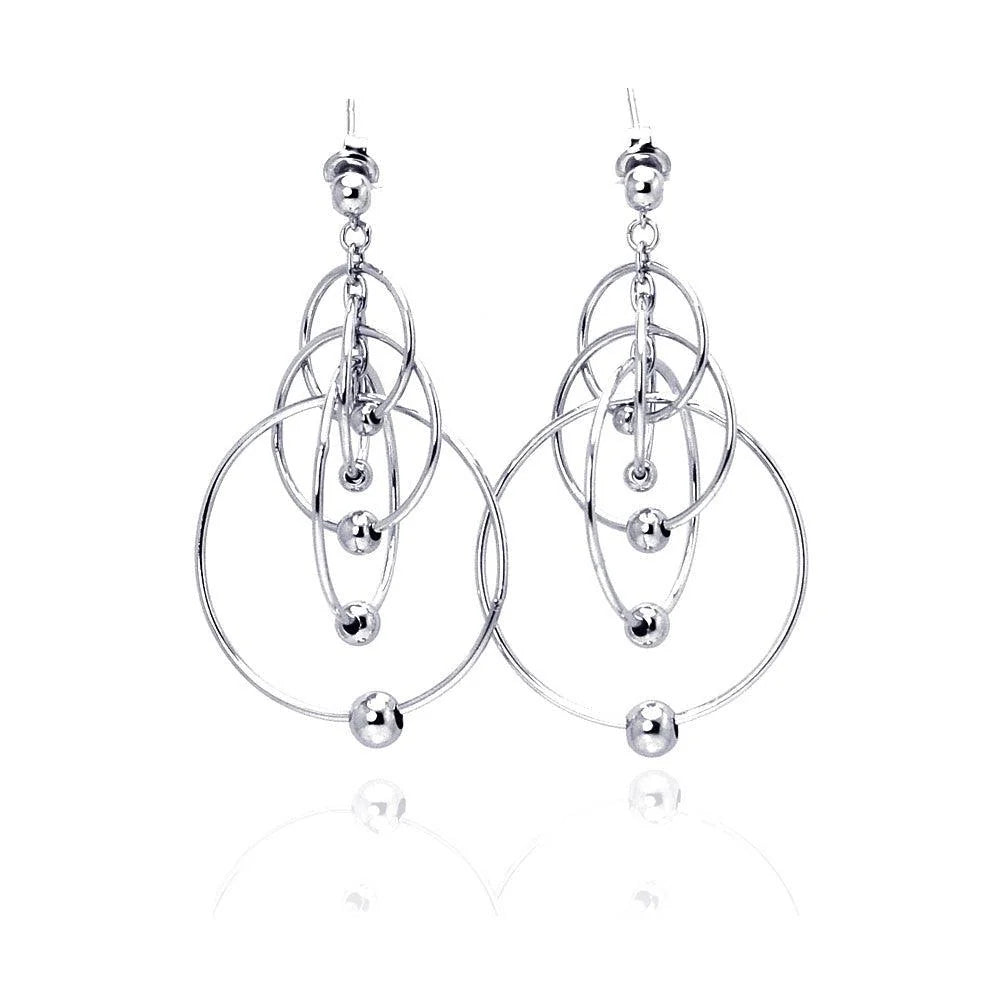 925 Silver Rhodium Plated Multiple Graduated Open Circles Hanging Ball Chandelier Hook Earrings