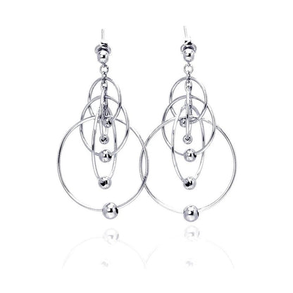 925 Silver Rhodium Plated Multiple Graduated Open Circles Hanging Ball Chandelier Hook Earrings